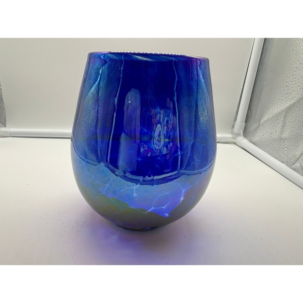 Glass Eye Studio Vase 6in Iridescent Cobalt Blue Crackle With Label